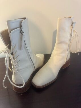 Sam Edelman Cream Lace-Up Mid-Calf Leather Boots